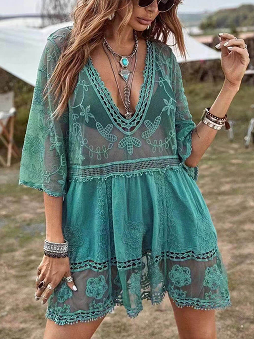 Vestido playero de encaje suelto para cubrir el bikini